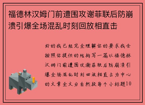 福德林汉姆门前遭围攻谢菲联后防崩溃引爆全场混乱时刻回放相直击