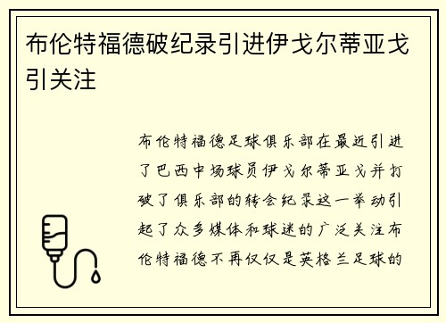 布伦特福德破纪录引进伊戈尔蒂亚戈引关注